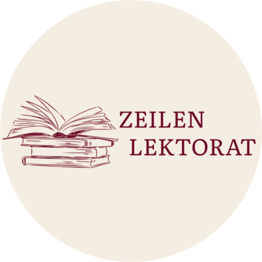 Logo von Zeilenlektorat: aufgeschlagenes Buch auf einem Bücherstapel mit dem weinroten Schriftzug „Zeilen Lektorat"